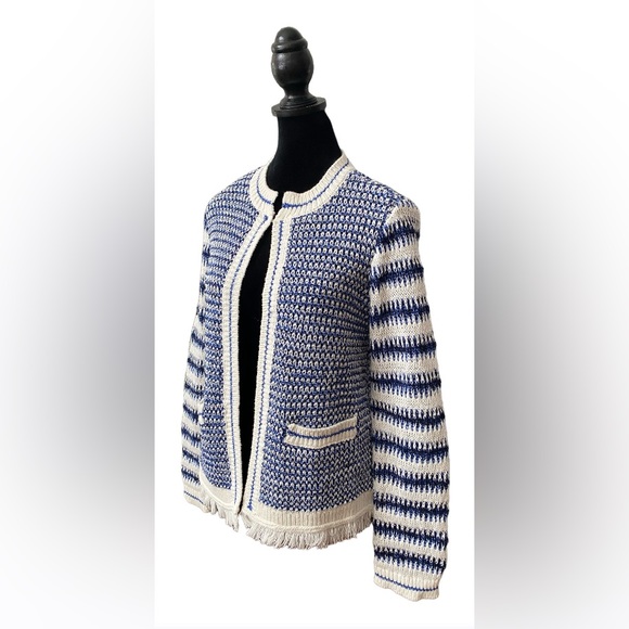 Talbots: Blue and White Mix Textured Jacket Sweater with Fringe Trim - Picture 5 of 17